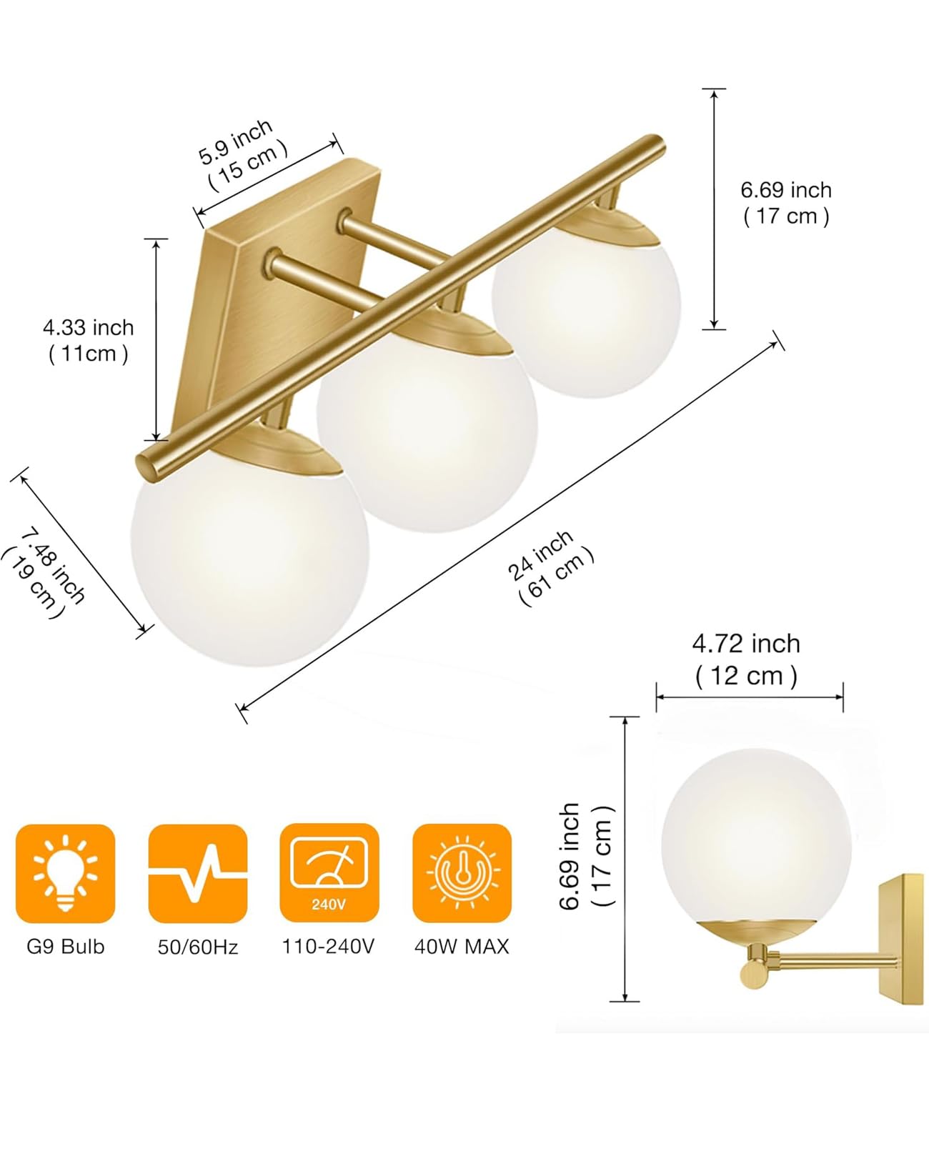 YHTlaeh Brushed Brass Bathroom Vanity Light fixtures,24‘’ 3 Lights Modern Globe Glass Shade Wall Sconce for Over Mirror, Damp Rated