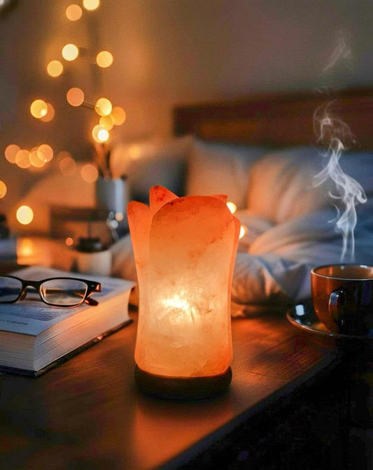 NatureBoost Himalayan Pink Salt Lamp - Flower Shape - Hand-Carved Natural Crystal Salt Rock with Wooden Base Ideal Gift & Home Décor