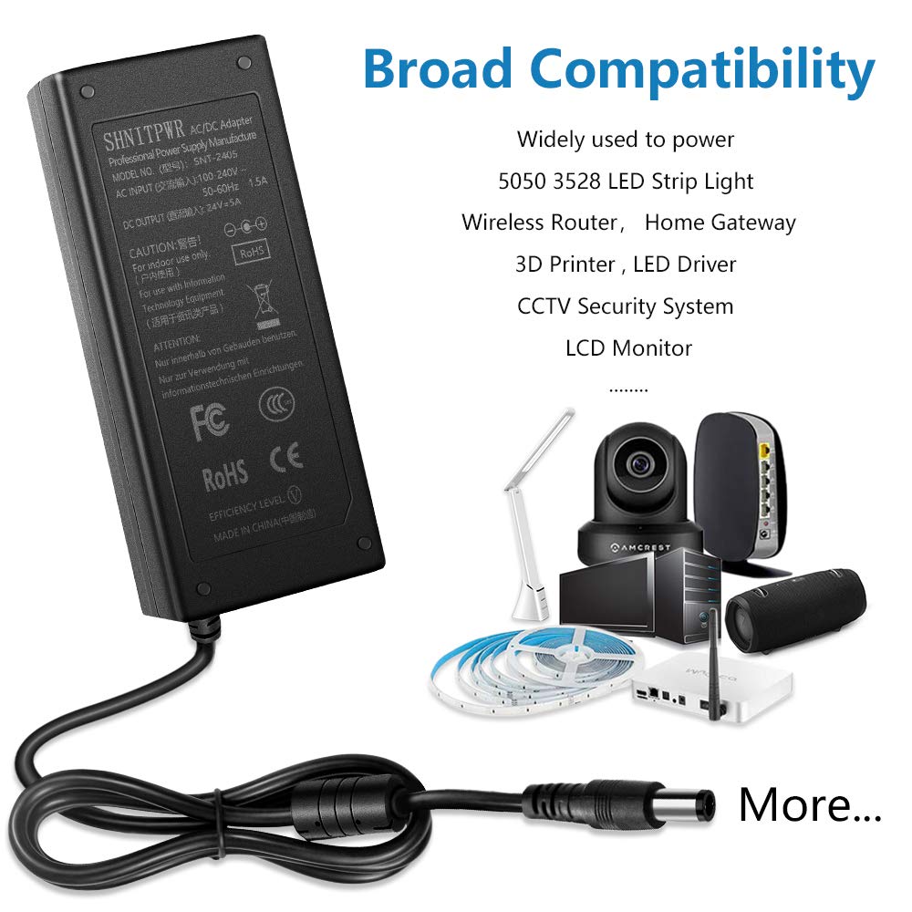 SHNITPWR 24V DC Power Supply 24 Volt 5A 120W Power Adapter 100V~240V AC to DC Converter Transformer 5.5x2.5mm Plug for 5050 3528 LED Strip Light 3D…