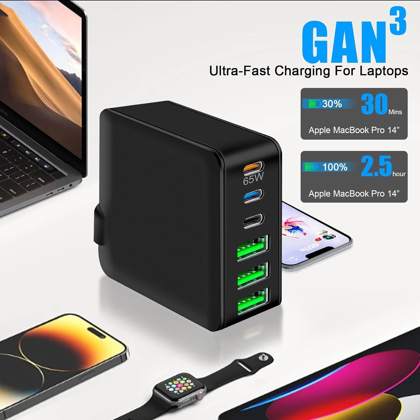 USB C Charger, 160W Fast GaN Compact Foldable Rapid Plug 6 Multiple Port PD Charging Station Laptop Power Adapter for MacBook Pro/Air and iPad Pro