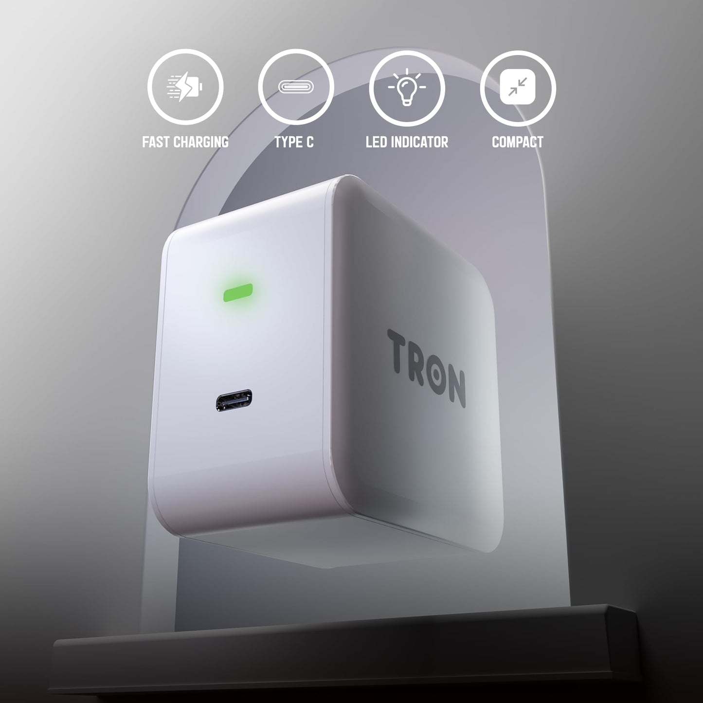 Tron 25W USB-C Power Adapter with 5FT 2-in-1 brided Cable with Digital Display - Fast Charging Solution for Home, Office, and Travel Use