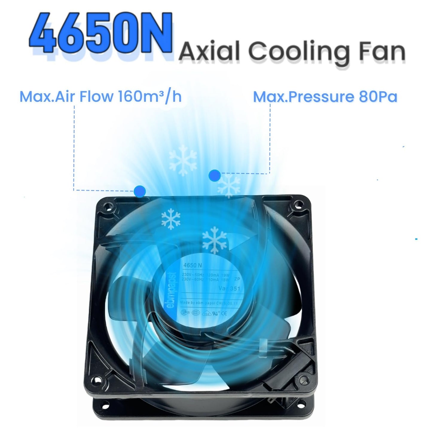 for ebmpapst Cooling Fan 4650N, All Metal High Temperature Resistant Axial Cooling Fan 2-Pin 120x120x38mm AC 230V 50/60Hz 0.12A