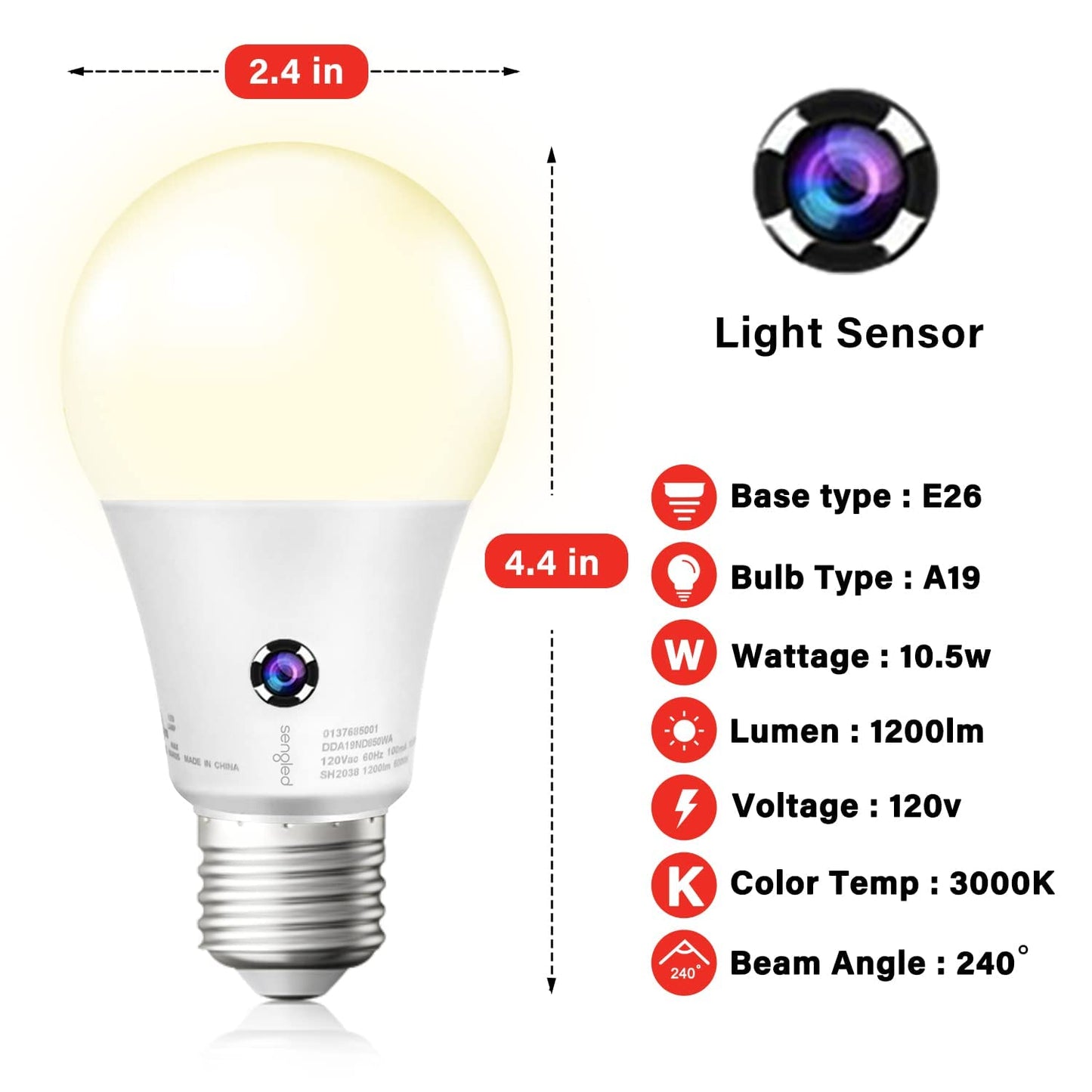 Sengled Dusk to Dawn Light Bulbs Outdoor, A19 LED Sensor Bulbs 4 Pack, 3000K Soft White 1200 Lumens, 75W Equivalent 10.5W, E26 Base Automatic On/Off