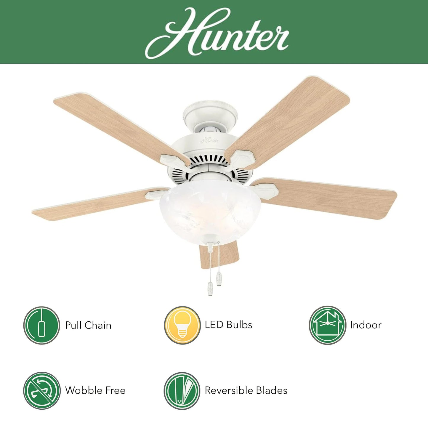 Vicien Hunter Fan 44 inch Traditional Fresh White Indoor Ceiling Fan with LED Light Kit and Pull Chain (Renewed)