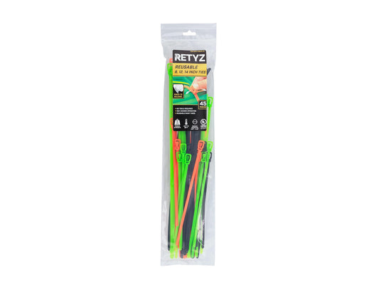 RETYZ Releasable Cable Ties Combo Pack, 45 Pack, 50 lb (8-Inch & 12-Inch) & 120 lb (14-Inch) Tensile Strength, Multi-Color (Black, Fluorescent Orange