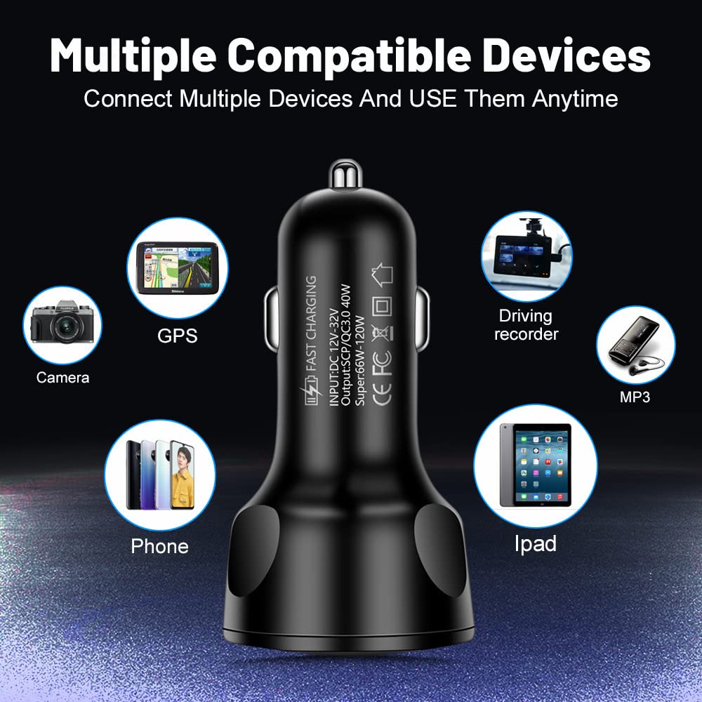 Alanph 66W Multi Port Car Charger Adapter with Voltage Monitor, 4 USB QC3.0 Super Fast Charge Cigarette Lighter USB Charger, Compatible