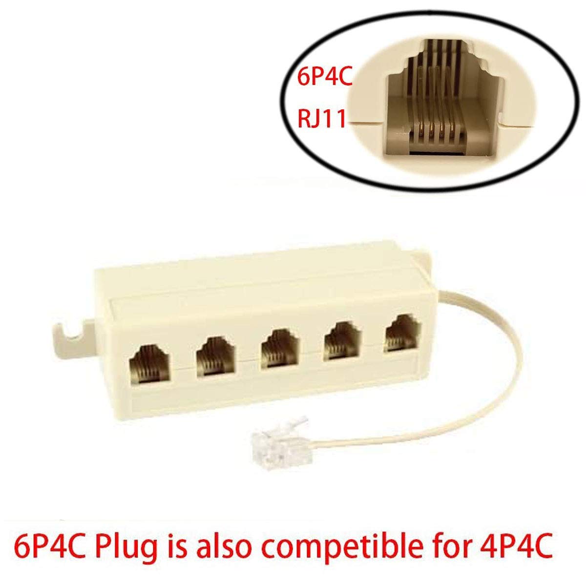 LYLGO RJ11 6P4C Male to 5 Female Outlet Ports Socket Telephone Phone Cable Line Splitter Adapter Beige(1 to 5 Way Splitter)