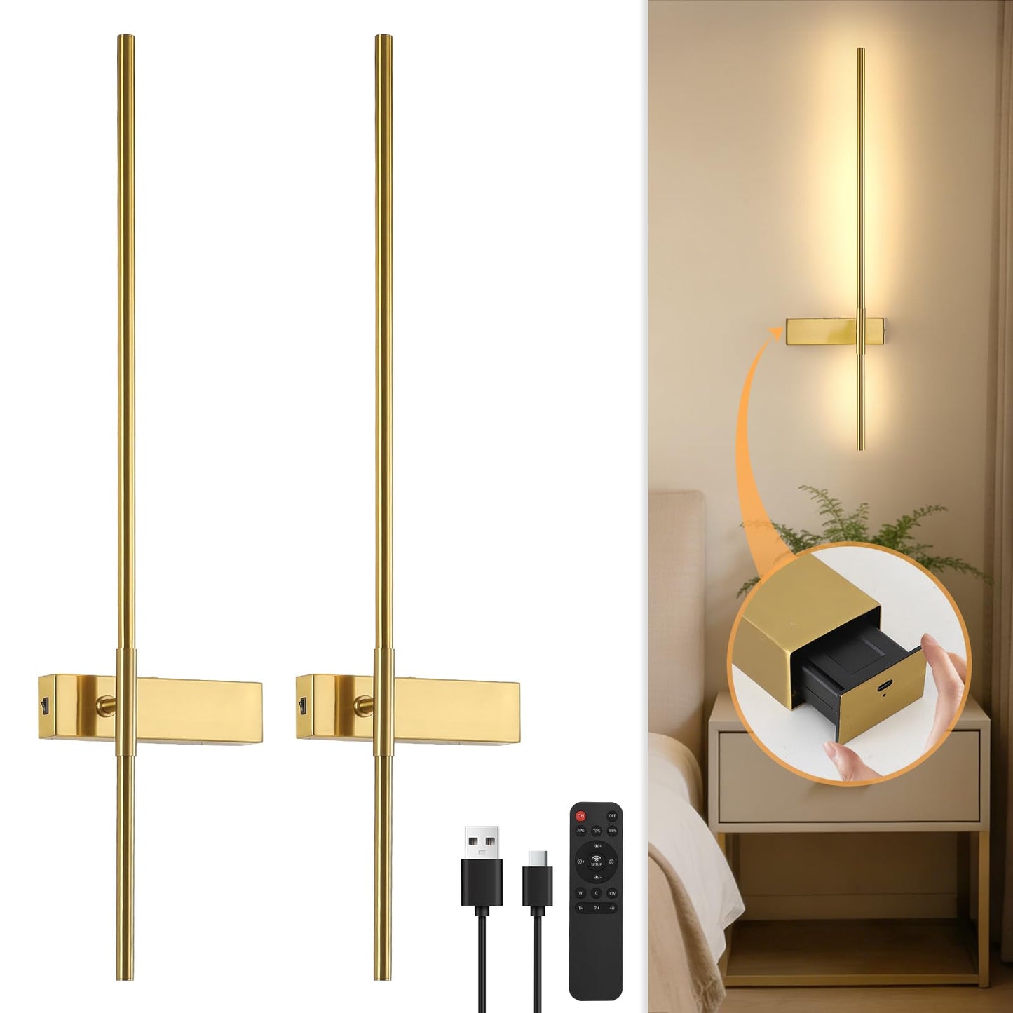 MKBNG 33 Inch Battery Operated Wall Sconce Set of 2, Antique Brass Rechargeable Wall Lights with Remote, 350° Rotatable LED Wireless Sconce, 3CCT