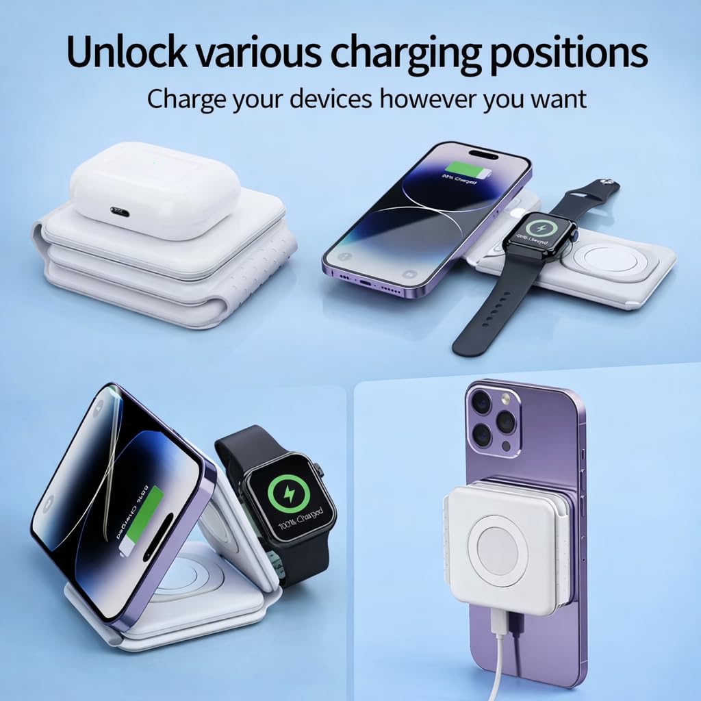 Chargeix 3 in 1 Magnetic Charging Station, Foldable MagSafe-Compatible Charging Stand for iPhone 16 15 14 13 12 Series, Apple Watch & AirPods, USB-C