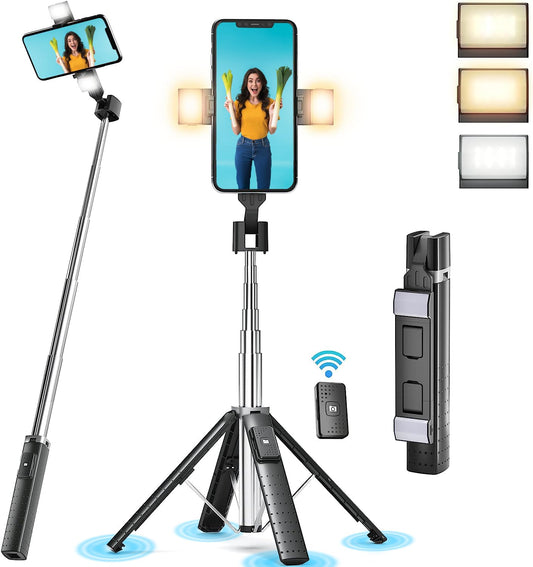 41” Selfie Stick Tripod Quadrapod with 2 Rechargeable Fill Light, Extendable Tripod with Bluetooth Remote, Stainless Steel, 3 Light Modes, 9