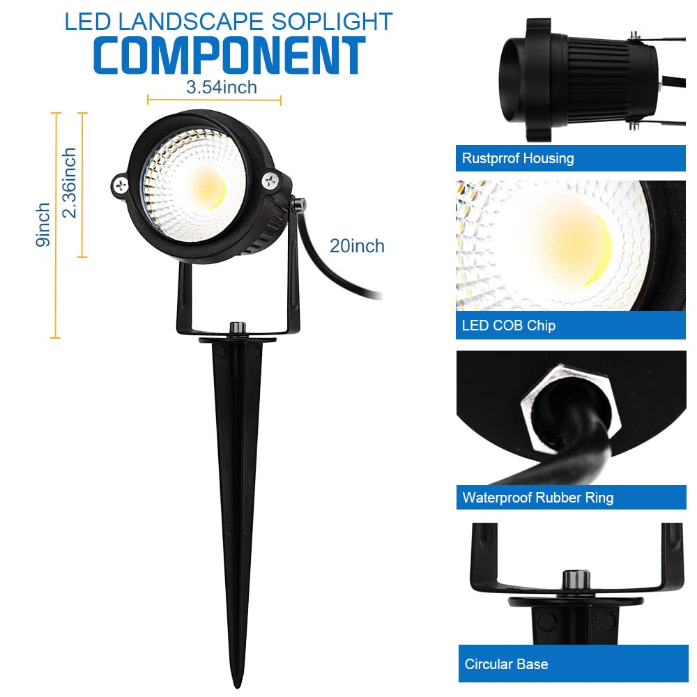 ELEGLO Landscape Lights 5000K,Low Voltage Led Landscape Lighting, 12V AC/DC Waterproof Landscape Spotlights Outdoor with Stake for Tree Flag Spot