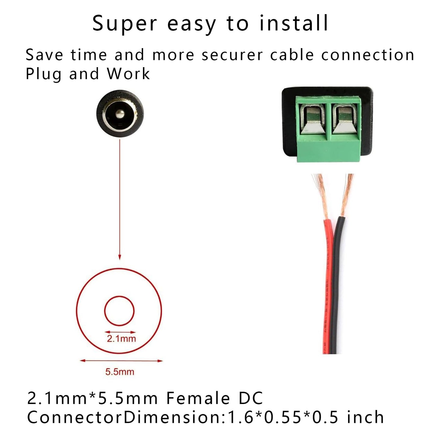 WTGID 5 Pairs of 12V Male and Female 2.1x5.5mm, DC Power Socket Adapter, Cylindrical Connector, Including 10 DC Power Cords, Suitable for CCTV