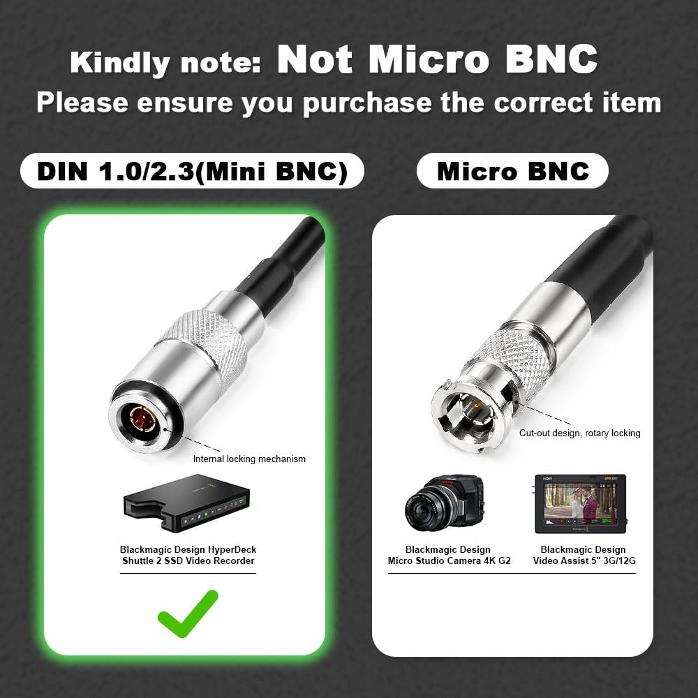 Uonecn HD SDI BNC RG179 to DIN 1.0/2.3 mini BNC 75ohm Coaxial Cable Video Cable for Blackmagic HyperDeck Shuttle 20''