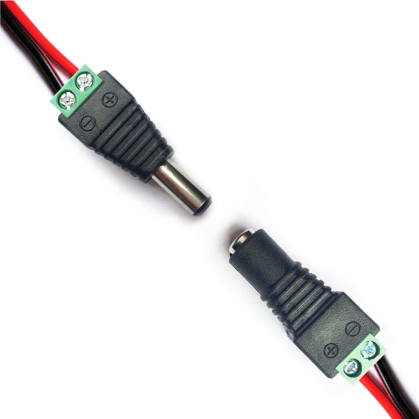 (Real 18AWG 43x2pcs Copper Strands) 10 Pairs DC Power Pigtail Cables Wire 12V 5A Male & Female + 10 Pairs DC Power Jack Plug Adapter Connectors