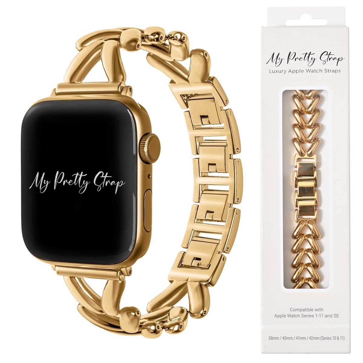 My Pretty Strap Ariel Band Compatible with Apple Watch 38/40/41mm or 42/44/45/49mm, Stainless Steel Metal Gold for Women (38MM / 40MM / 41MM, Gold)
