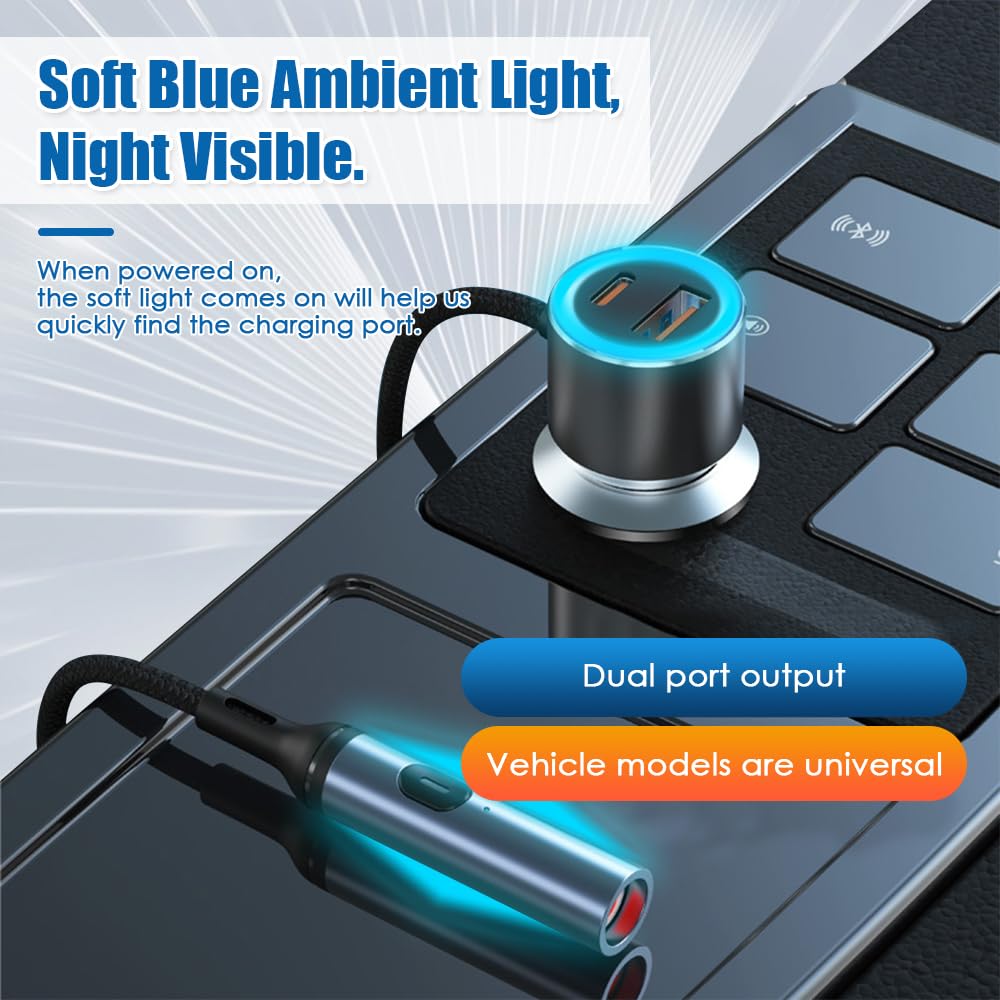 USB C Car Charger Adapter, Cigarette Lighter Adapter, Fast Charging [PD QC 3.0] Car Accessories with 2 Socket Splitter Fits All Vehicles, Car Cell