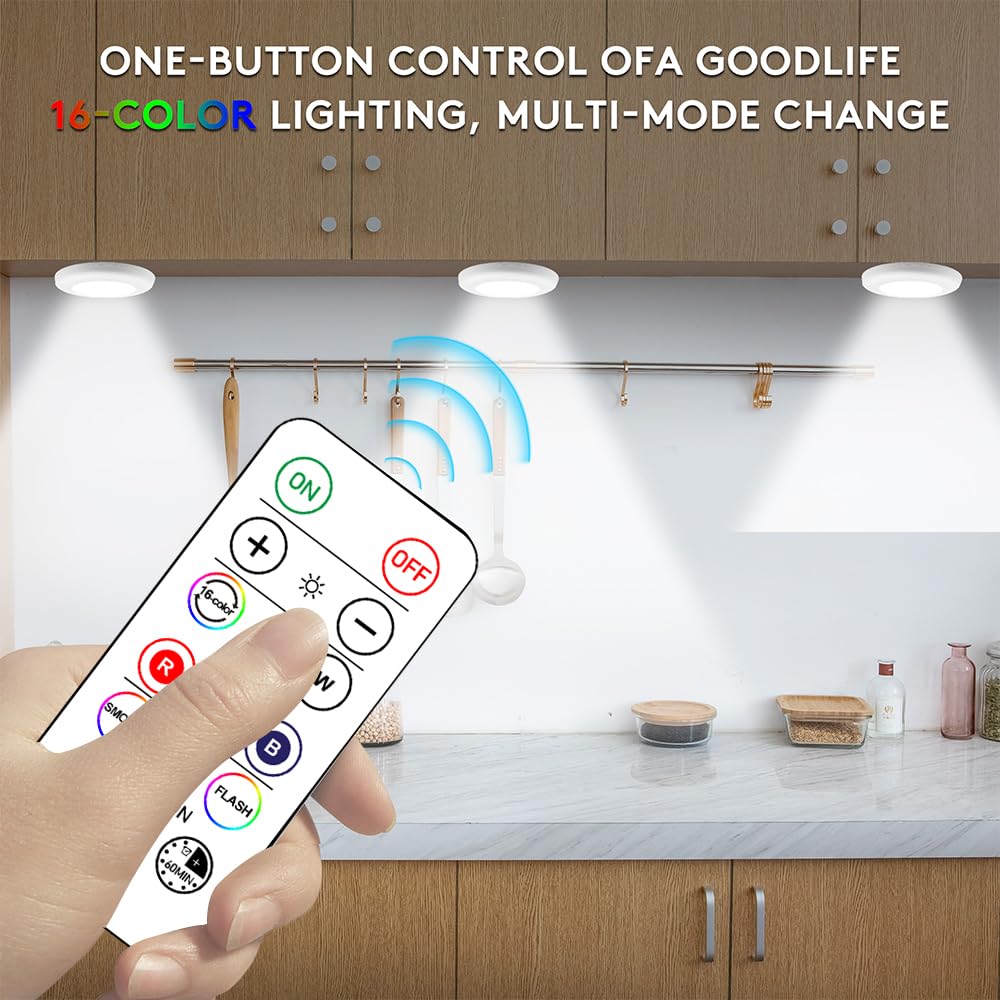 SIXDEFLY Wireless 16 Color Changing LED Puck Light 3 Pack LED Under Cabinet Lighting Closet Light Battery Powered Night Lights with Remote Control