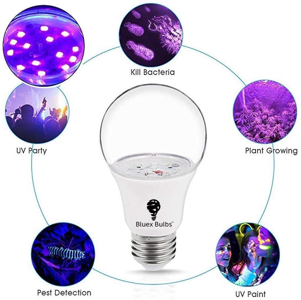 Bluex Bulbs 2 Pack LED Black Light Bulb, 9W A19 E26 Blacklight Bulb Level 385-400nm, Body Paint, Glow in The Dark LED Light Bulb Neon Glow Fluorescent