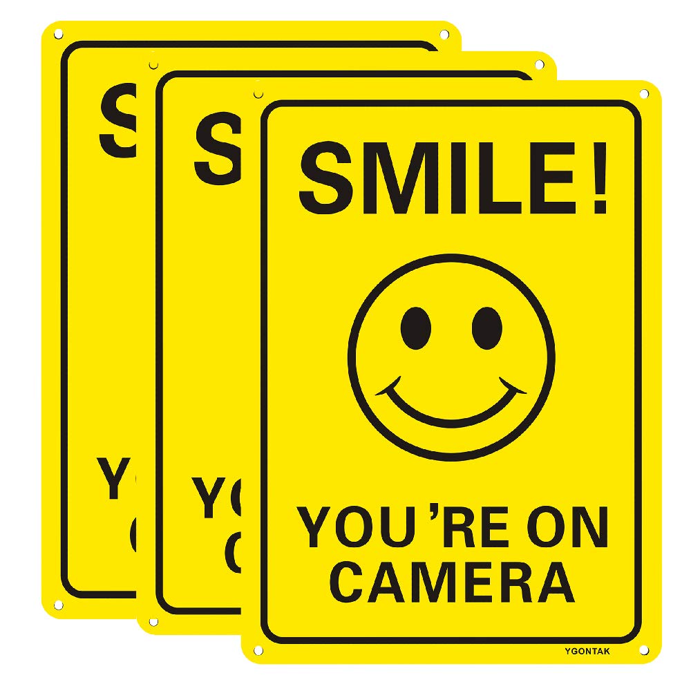 3Pack Smile You're On Camera Video Surveillance Signs 10x7 Inches Anti Rust Aluminum UV Protected Reflective Signs for Home Business CCTV Security