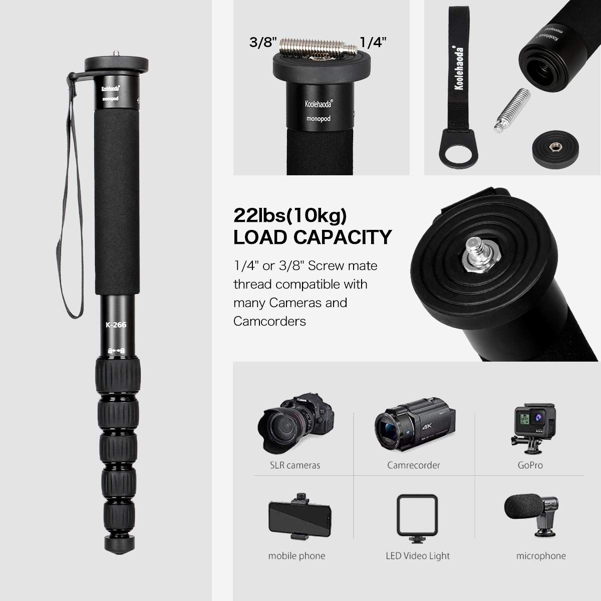Koolehaoda Camera Monopod 61" Aluminum Portable Photography Unipod Stick, 6-Section Telescopic, Folding is only 15" Compact Travel Monopod for Cameras