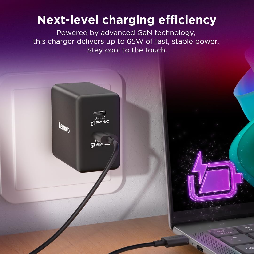 Lenovo Dual USB-C 65W GaN Charger, 2 USB-C Ports, for Laptops/Tablets & Phones & More, Compact Size, Foldable Plug, Includes 1.5m USB C Cable