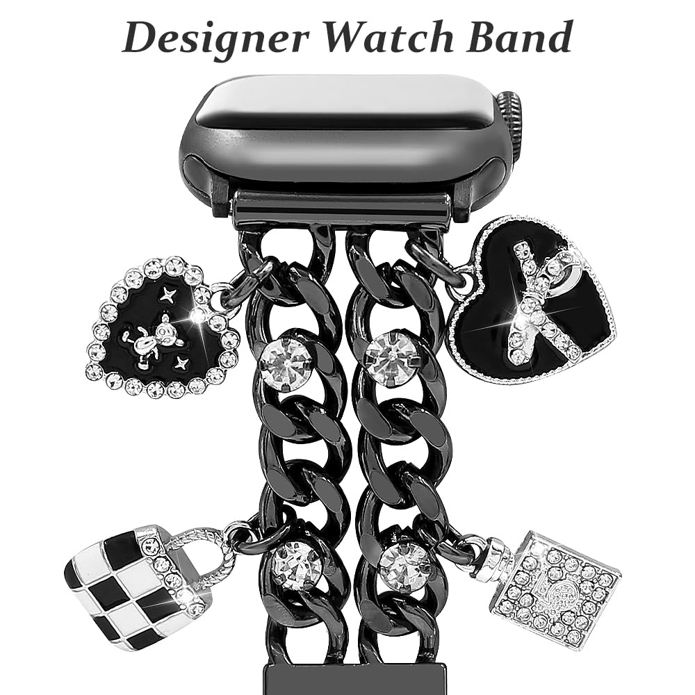 YONWORTH Cuban Chain Band Compatible with Apple Watch Bands 38/40/41mm Women,Bling Diamond Chain Dressy Metal Wristband Cute Charms Pendants