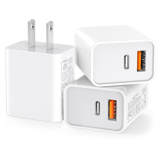 3 Pack USB C Wall Charger, 20W Durable Dual Port QC+PD 3.0 Power Adapter, Double Fast Plug Charging Block for iPhone 14/15/16/17 Pro/Pro Max/Plus