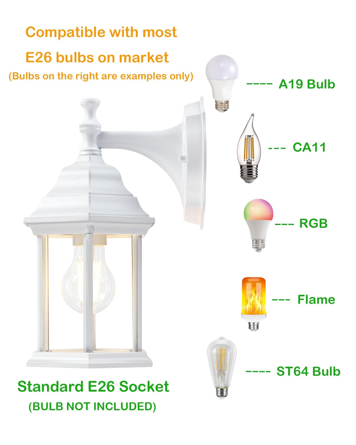 LIT-PaTH Outdoor Wall Lantern, Wall Sconce as Porch Lighting Fixture, E26 Medium Base Max 60W, Aluminum Housing Plus Glass, Matte White Finish, 1-Pack