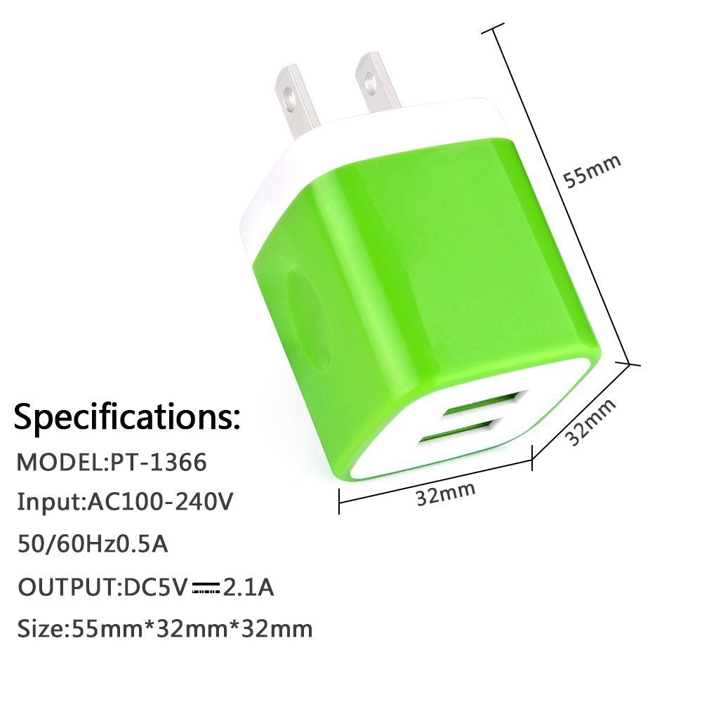 Wall Charger, [3-Pack] 5V/2.1AMP Colorful 2-Port USB Wall Charger Plug