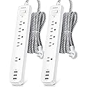 2 Pack Power Strip Surge Protector - 5 Widely Spaced Outlets 3 USB Charging Ports, 1875W/15A with 5Ft Braided Extension Cord, Flat Plug, Overload