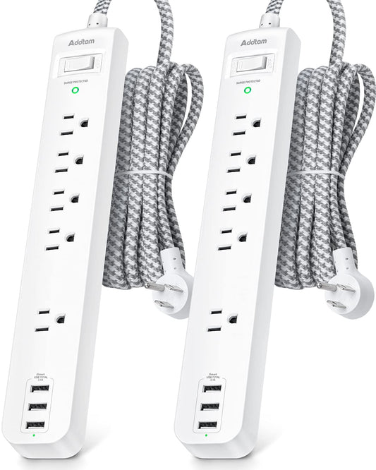 2 Pack Power Strip Surge Protector - 5 Widely Spaced Outlets 3 USB Charging Ports, 1875W/15A with 5Ft Braided Extension Cord, Flat Plug, Overload