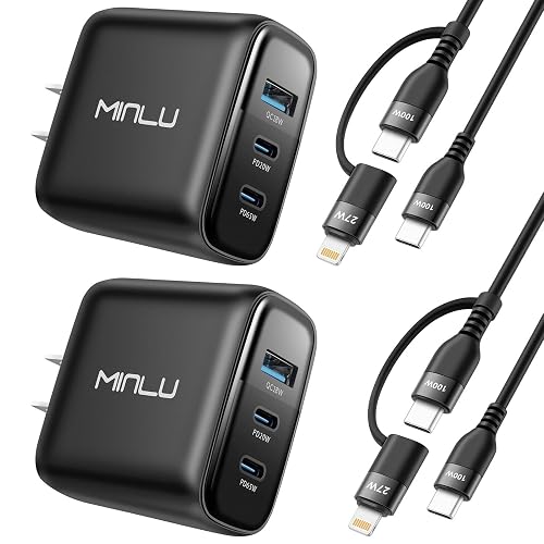 65W USB C Charger Block, MINLU GaN 3-Port Compact Fast PPS Wall Charger with 100W 2 in 1 USB-C to C/L Cable,Fast Charging for MacBook