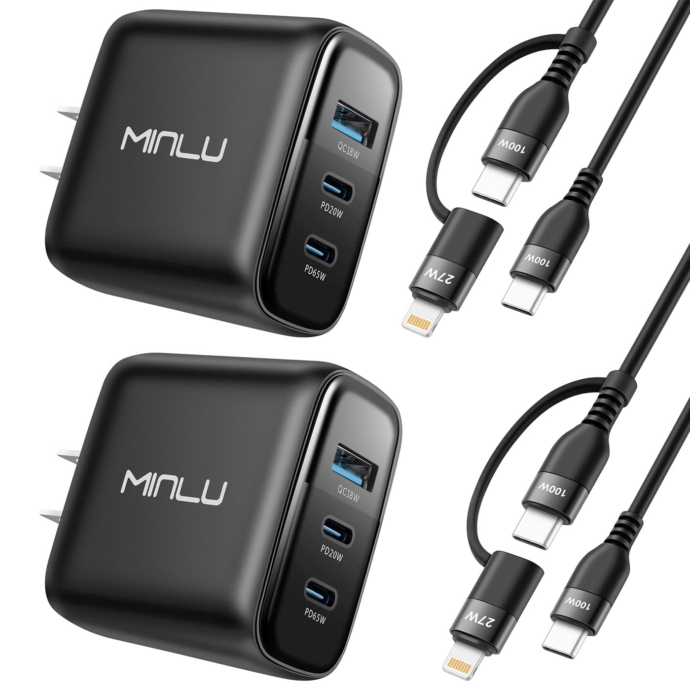 65W USB C Charger Block, MINLU GaN 3-Port Compact Fast PPS Wall Charger with 100W 2 in 1 USB-C to C/L Cable,Fast Charging for MacBook