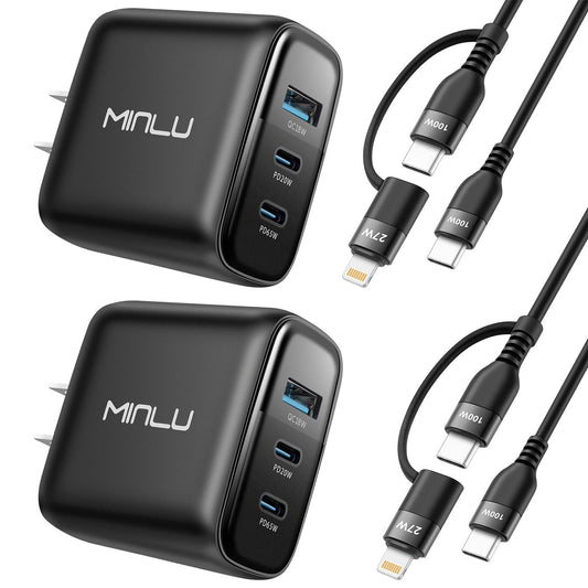 65W USB C Charger Block, MINLU GaN 3-Port Compact Fast PPS Wall Charger with 100W 2 in 1 USB-C to C/L Cable,Fast Charging for MacBook