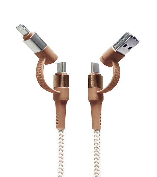 Tech Candy Two Faced 6' Woven Cable, Natural - USB Type A, USB Type C, Lightning, USB-A, USB-C, Long, Reinforced, Strong, Durable, Thick, Quality