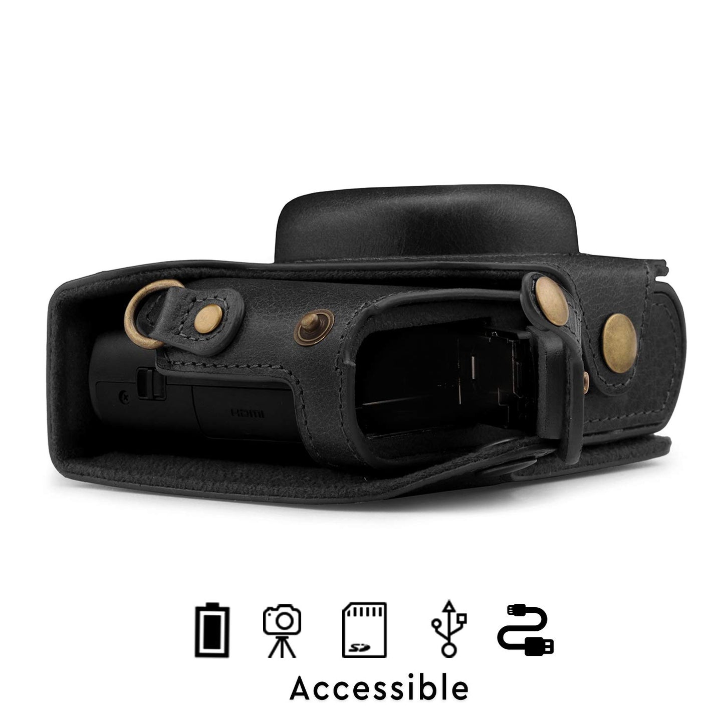 Megagear MG1435 Panasonic Lumix DC-ZS200, TZ200 Ever Ready Genuine Leather Camera Case and Strap, Black
