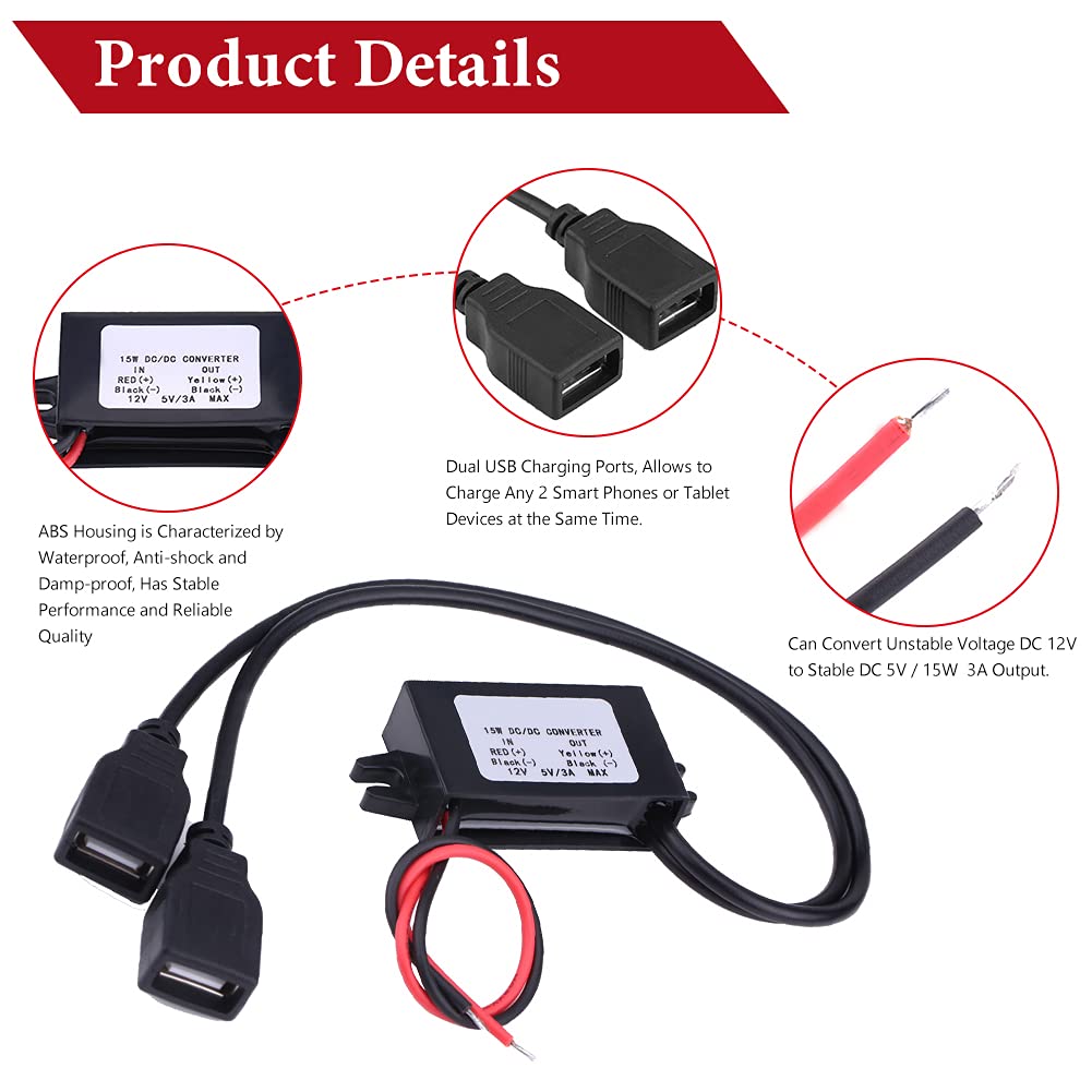 DC Converter 12V to 5V 3A 15W DC Buck Converter Module, DC to DC Reduced Voltage Regulator Car Power Converter Output Power Adapter (Double USB…