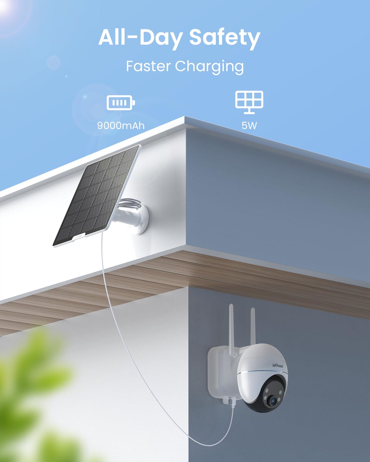 ieGeek Solar Security Cameras Wireless Outdoor, WiFi Surveillance Camera with Solar Panel & 9000mAh Battery, 24/7 Recording, 360° Panoramic View, Auto