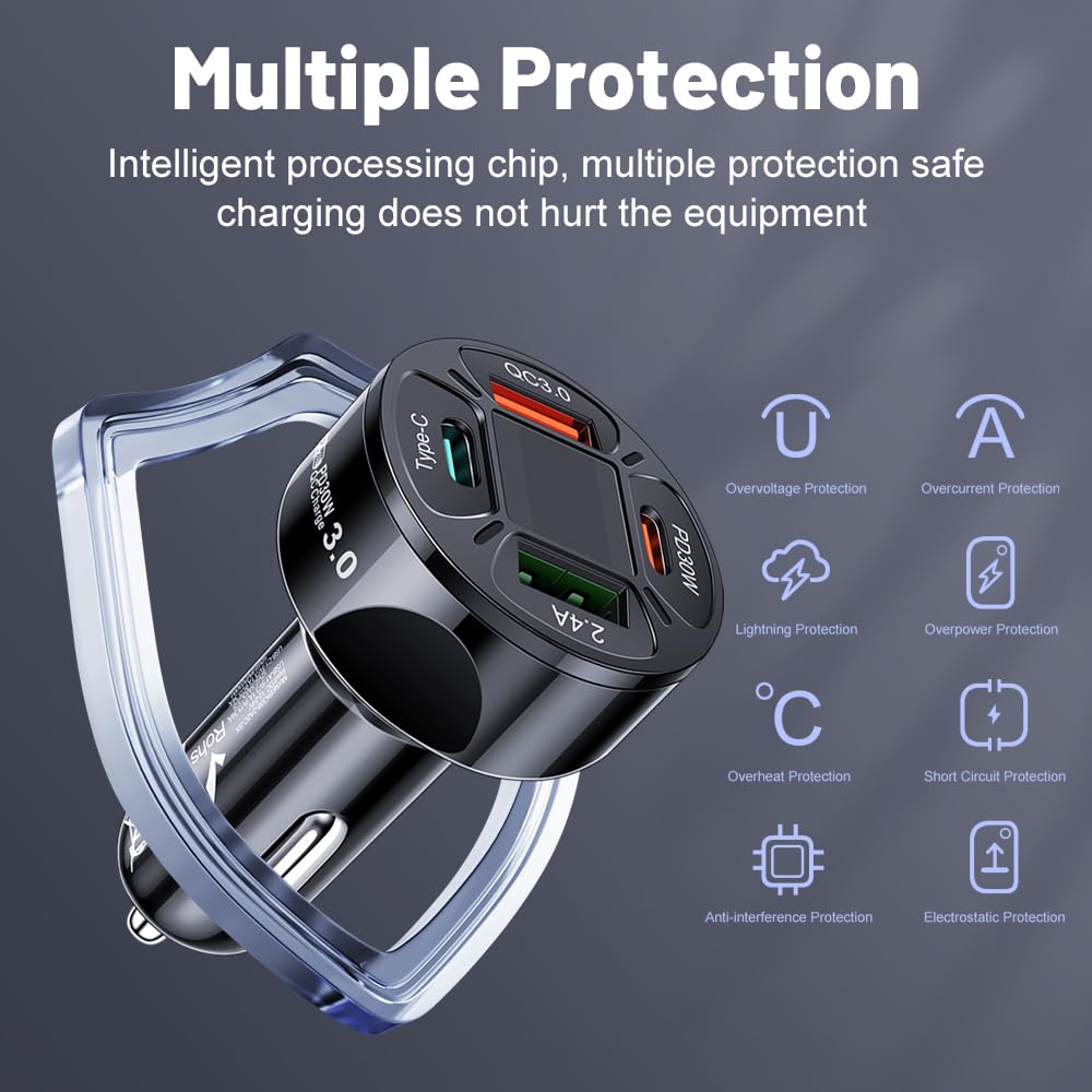 Alanph Multi Port USB C Car Phone Charger Adapter with Voltmeter, 4 in 1 100W Fast Charging Cigarette Lighter USB Charge for iPhone 16 15 14 13 12 11