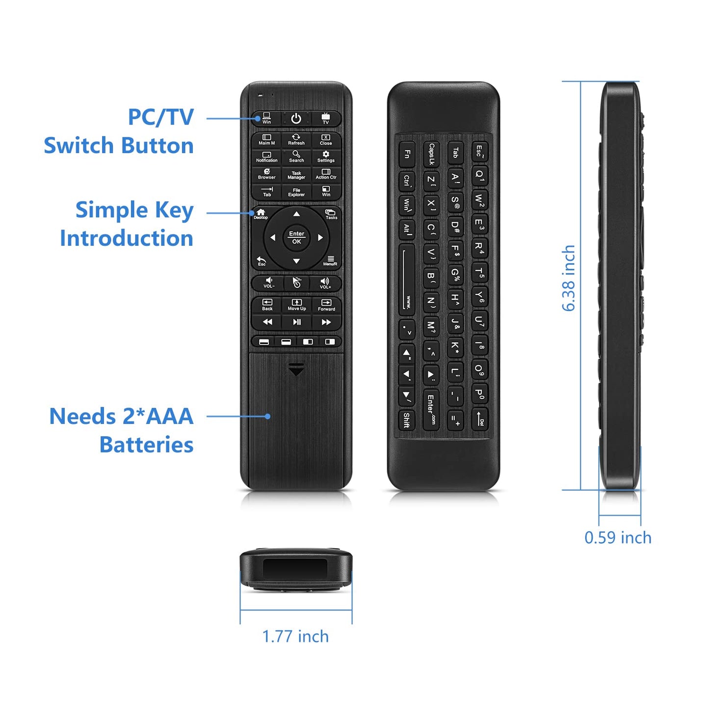 Pepper Jobs W10 GYRO Air TV Remote, QWERTY Keyboard Fly Mouse for Win 11/10, LED Backlit Keyboard mini PC Controller, 6-Axis Gyro w/Learning Remote