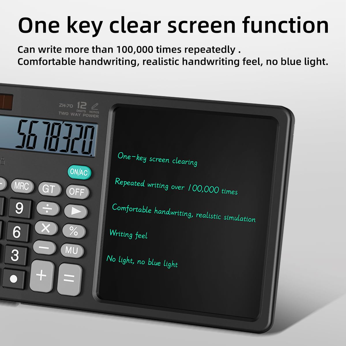 Desk Calculator with Erasable Writing Pad, 12-Digit Wide Screen Display, 100,000+ Reusable LCD Notepad, One-Click Clear & Lock Function, Solar