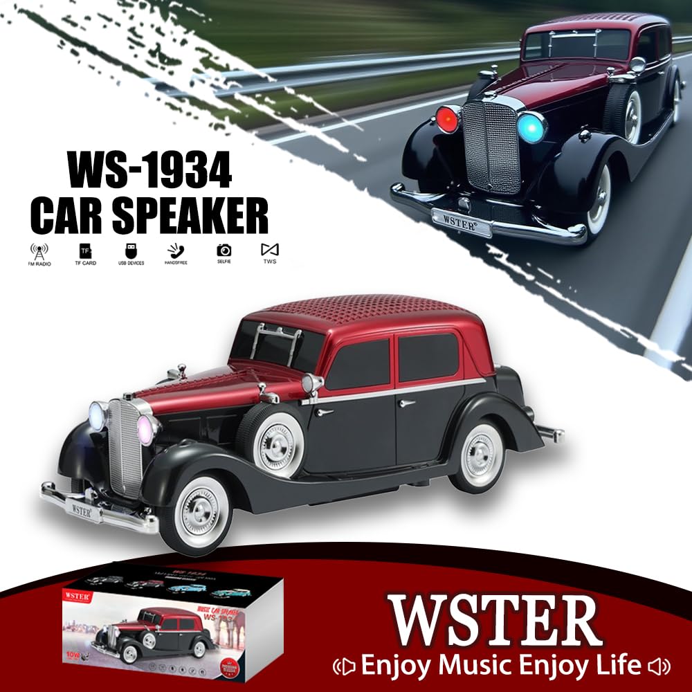 WSTER WS-1934 Retro Classic Car Bluetooth Replica Speaker - Wireless HD Sound with FM Radio,TWS Stereo,LED Party Lights,Built-in Microphone Hands-Free