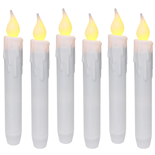 CVHOMEDECO. Flickering Taper Candles LED Drip Flameless Candles, Battery Operated with Timer, White, 6-3/4 Inch, Set of 6