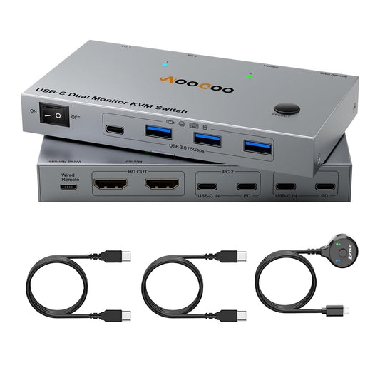USB C KVM Switch 4K@60Hz, Dual Monitor KVM Switch for 2 Laptops Sharing 2 Monitors and 4 USB3.0 Devices, with 100W PD,Wired Remote Control and USB