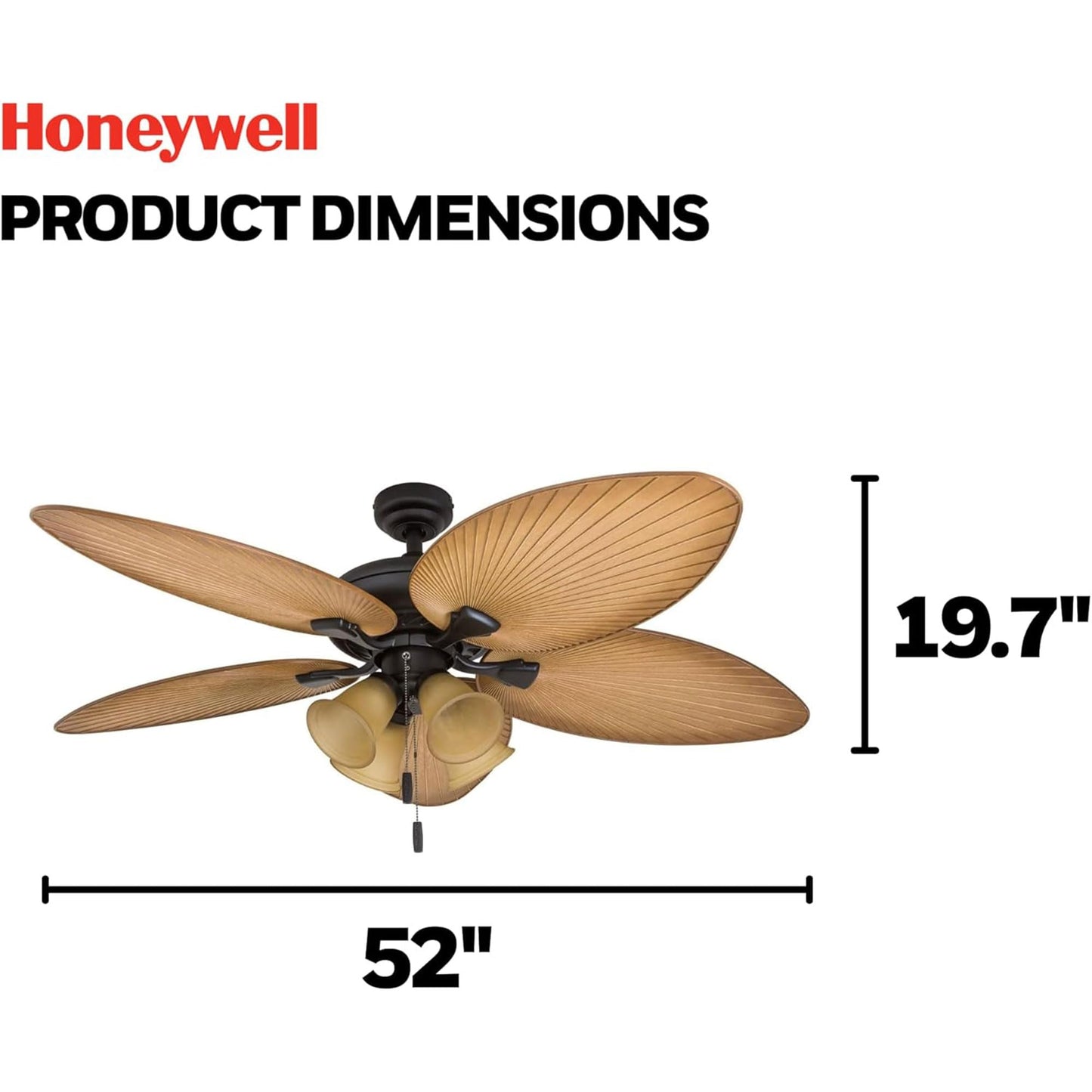 Honeywell Ceiling Fans Palm Valley, 52 Inch Tropical Indoor Outdoor Ceiling Fan with Light, Pull Chain, Three Mounting Options, 5 Palm Leaf Blades