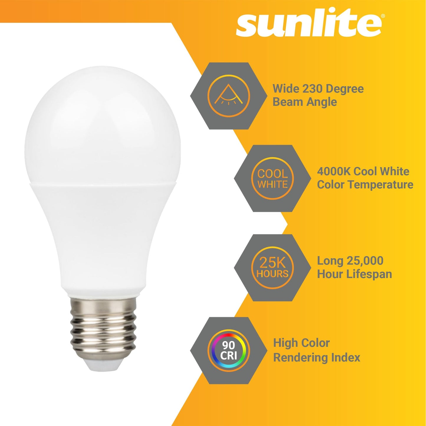 Sunlite LED A19 Light Bulb, 9 Watts (60W Equivalent), 800 Lumens, 120V, Dimmable, Medium E26 Base, 90 CRI, 230 Degree Beam Angle, UL Listed, Title-20