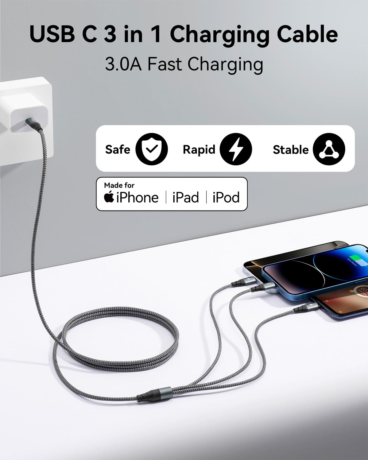 Miger USB C 3 in 1 Charging Cable,[2 Pack 6FT] Multi Charging Cable for Multiple Devices Braided Multi Charger Cable Universal Charger Cord