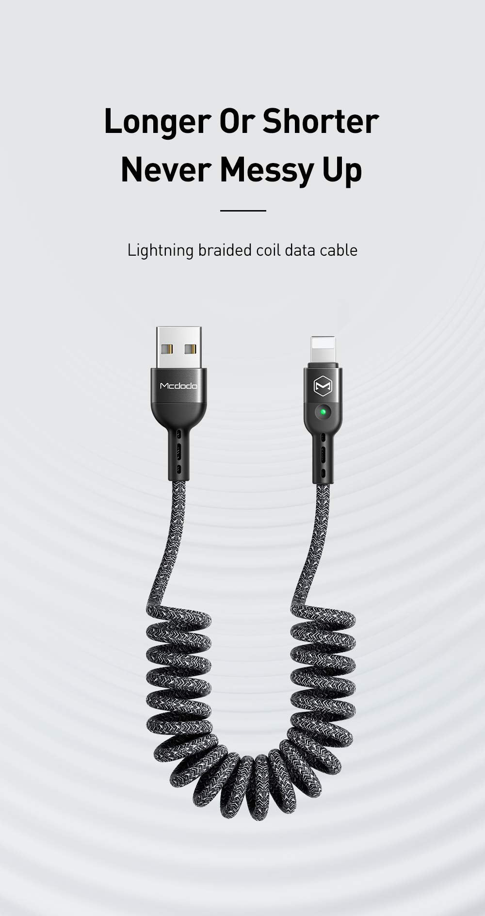 mcdodo Anti Winding Cable, LED Coiled Cord Nylon Braided Sync Charge USB Data 6FT/1.8M Cable Compatible New iPhone 14/13/12/11 Pro Max (Black…