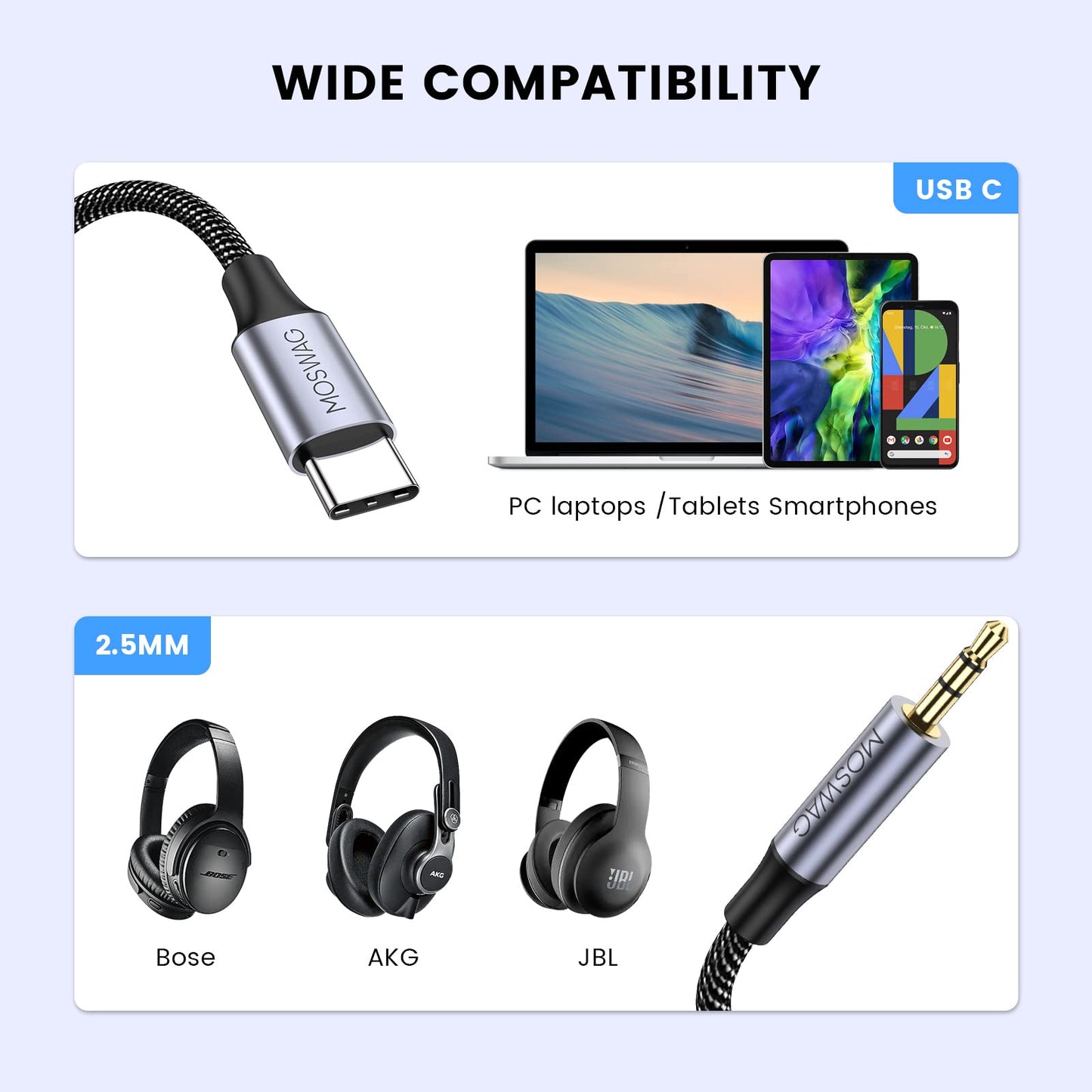 MOSWAG 3.3ft USB C to 2.5mm Aux Audio Cable, USB C to 2.5mm TRS Hi-Fi Nylon Braided Auxiliary Cable for Bose QuietComfort SE, QCSE, QC45, QC35 II