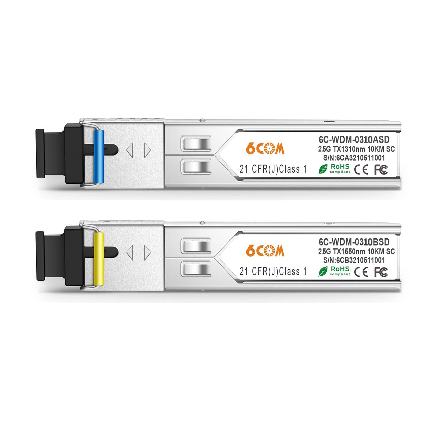 6COMGIGA A Pair of 2.5G SFP SC Connector Bidi Transceiver, 1310nm/1550nm SMF Transceiver, up to 10km, Compatible with Cisco, Ubiquiti, D-Link